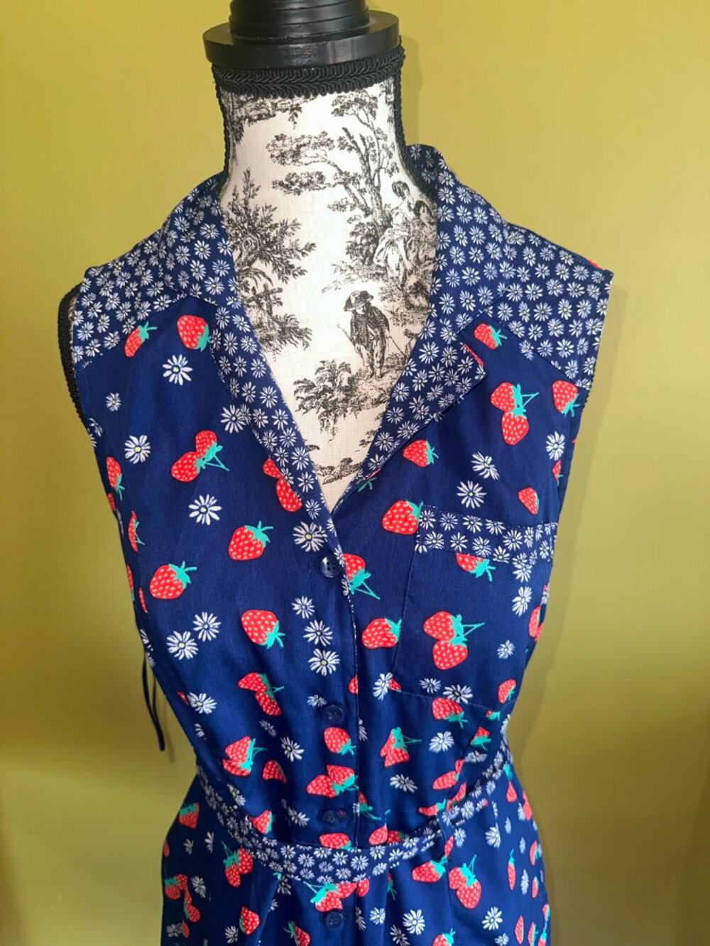 Vintage Retro Strawberry Print Midi Collared Dress Blue Daisy Cottagecore Summer - Picture 7 of 13